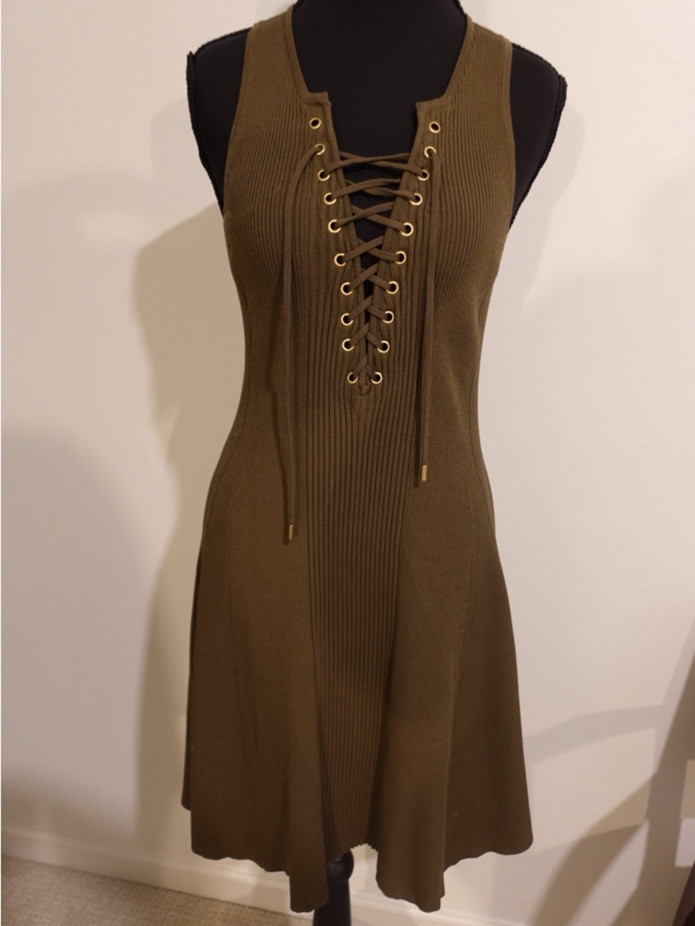 Torn by Ronny Kobo Olive Lace-Up Ribbed Mini Dress